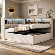 LETTO 140x200 cm Contenitore Idraulico in Velluto Beige con LED, USB e Type-C