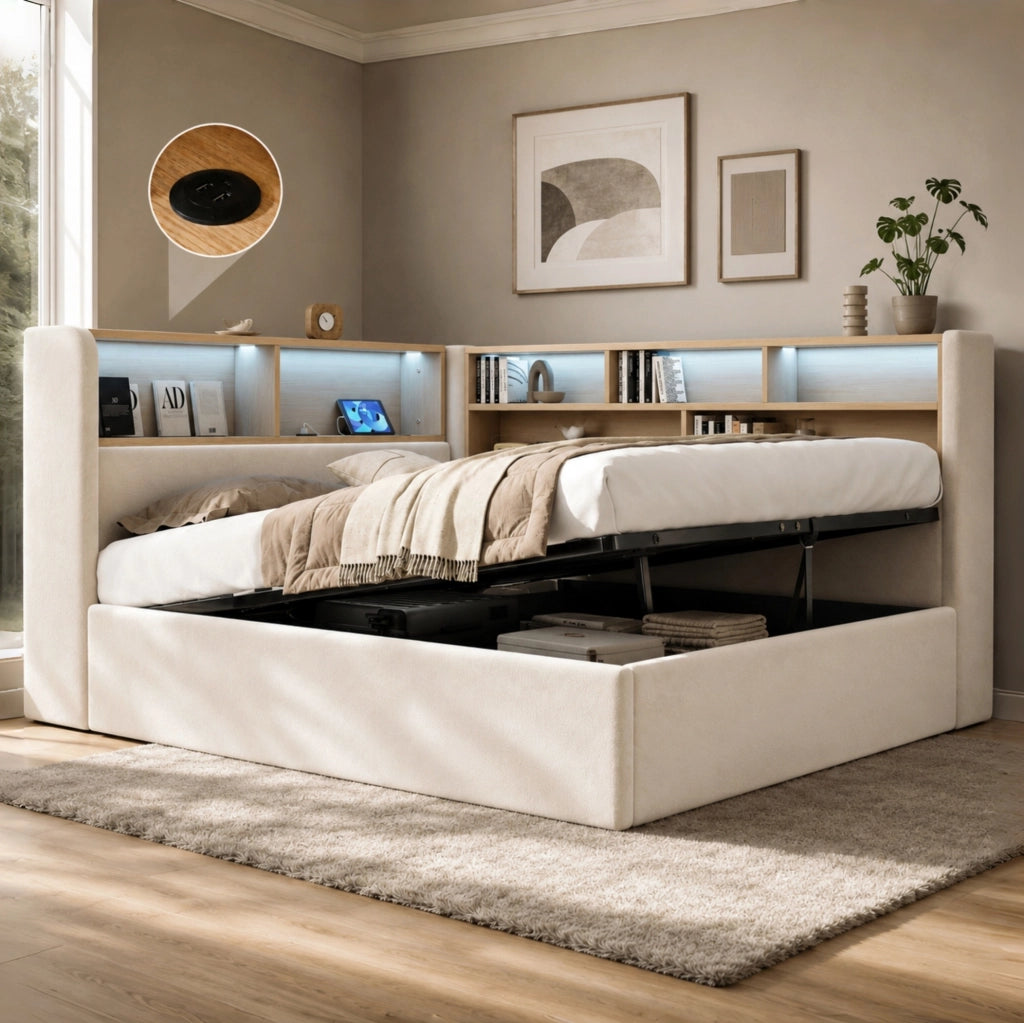 LETTO 140x200 cm Contenitore Idraulico in Velluto Beige con LED, USB e Type-C
