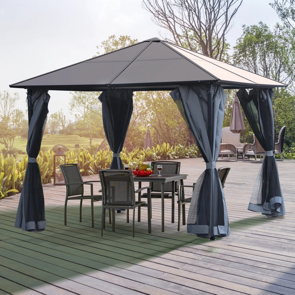 Gazebo esterno con tetto in policarbonato e tende con zanzariera ¨C Minimal ¨C grigio scuro 300x300 cm
