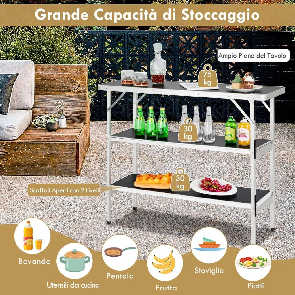 Cucina da Campeggio Pieghevole con Telaio in Alluminio, Mobile da Campeggio con 3 Ripiani e Borsa per Trasporto, Cucina da Esterno per Attività all'Aperto, Picnic e Barbecue (Nero)
