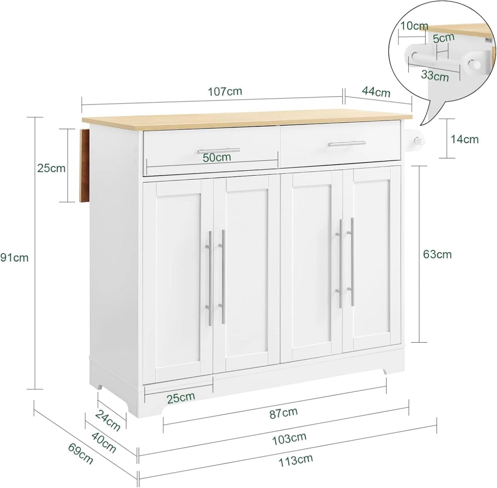 Isola Cucina con Ruote, Tavolo Estensibile in Legno, Mobile Cucina con 2 Cassetti, Penisola Cucina Salvaspazio, Credenza Multifunzione per Piccole Cucine Bianco 113 x (44–69) x 91 cm FKW129-WN