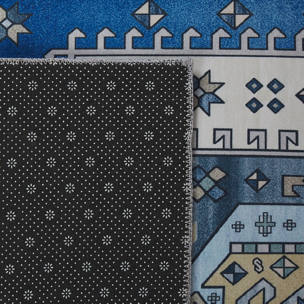 Tappeto passatoia blu poliestere 80 x 300 cm motivo geometrico fondo antiscivolo corridoio moderno