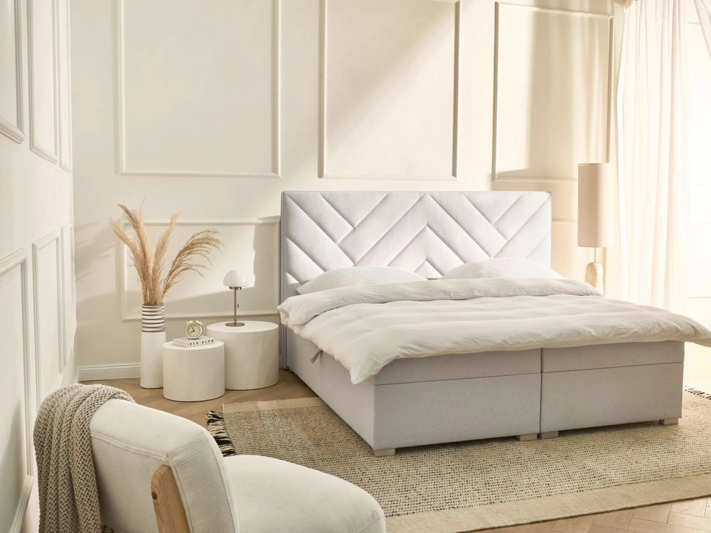 Letto contenitore in tessuto imbottito bianco sporco 180x200 cm con apertura a sollevamento continentale