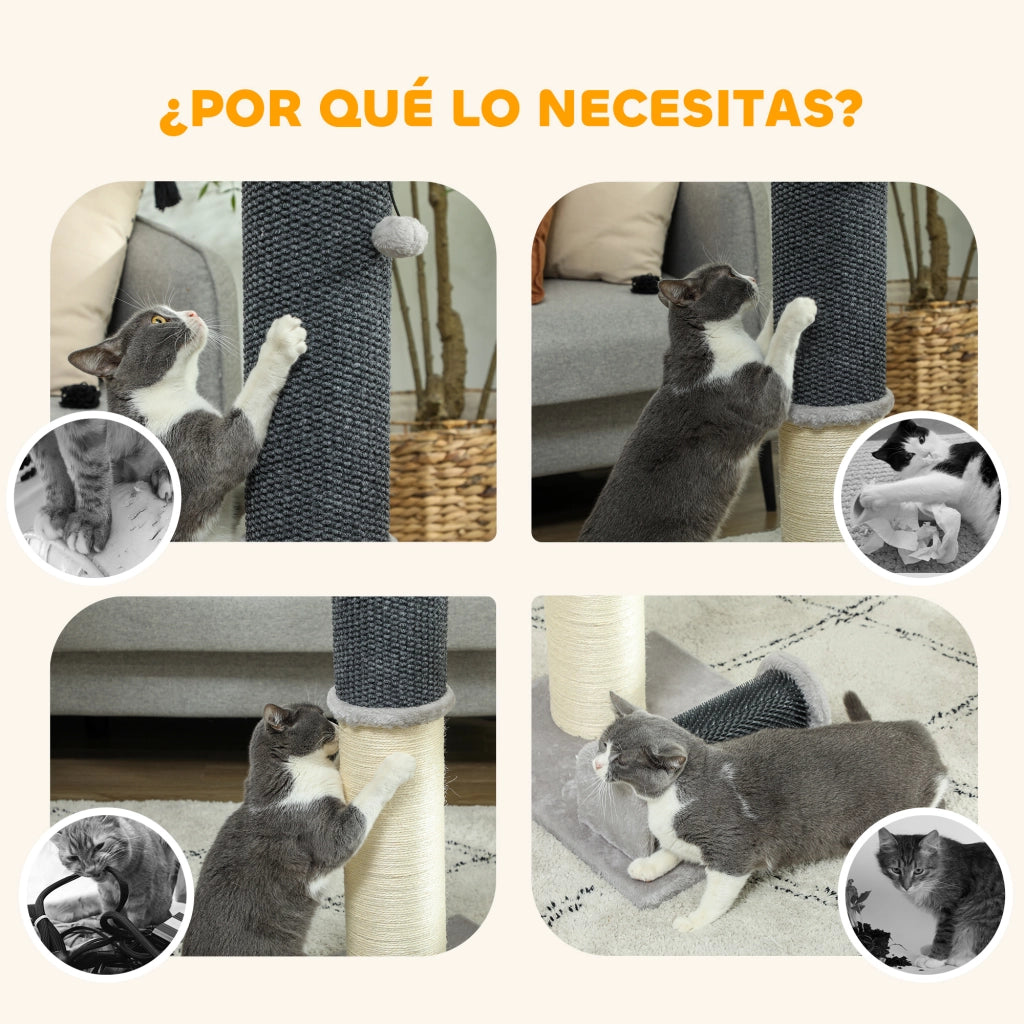 Grattatoio per Gatti in Sisal con Spazzola e Palla ¨C Zephmum ¨C Grigio e Crema 40x48x85 cm