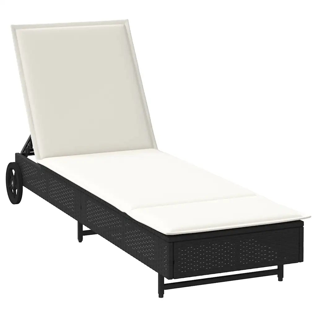 Lettino Prendisole con Ruote e Cuscino in Polyrattan Nero 4104033