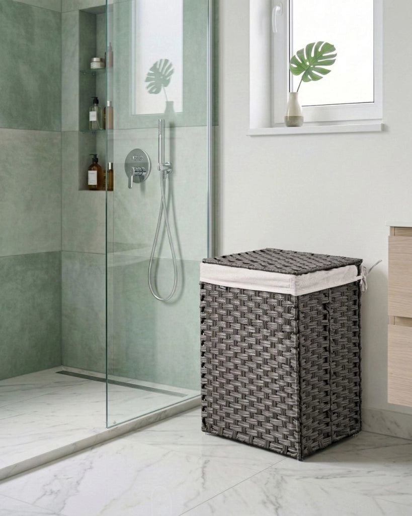 Cesto pieghevole per biancheria sporca in tessuto grigio con coperchio e fodera estraibile realizzato a mano per bagno 83 l intrecciato