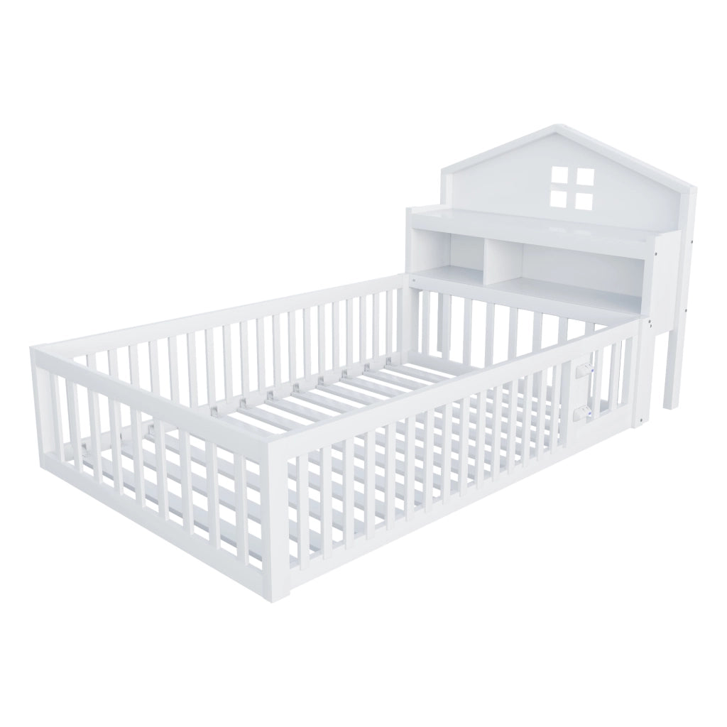 Letto bambino 90×200 cm con ripiani; lavagna; barriera e porta; senza materasso; legno massiccio; bianco