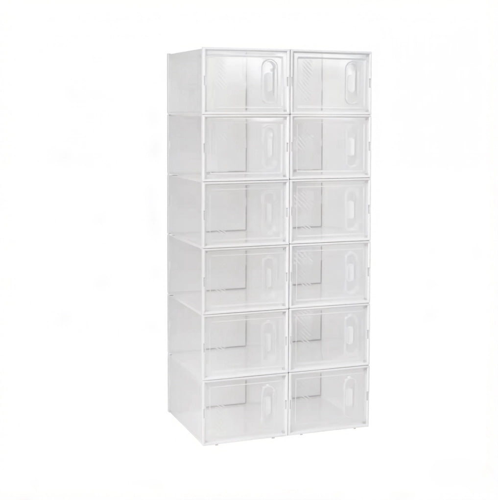 Set di 12 Scatole Impilabili per Scarpe in Plastica Trasparente e Bianco 25x18,5x35,5 cm