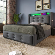 Letto a cassone per adulti - Xylo - 90x200 cm - Grigio - Testiera LED con USB C e rete a doghe