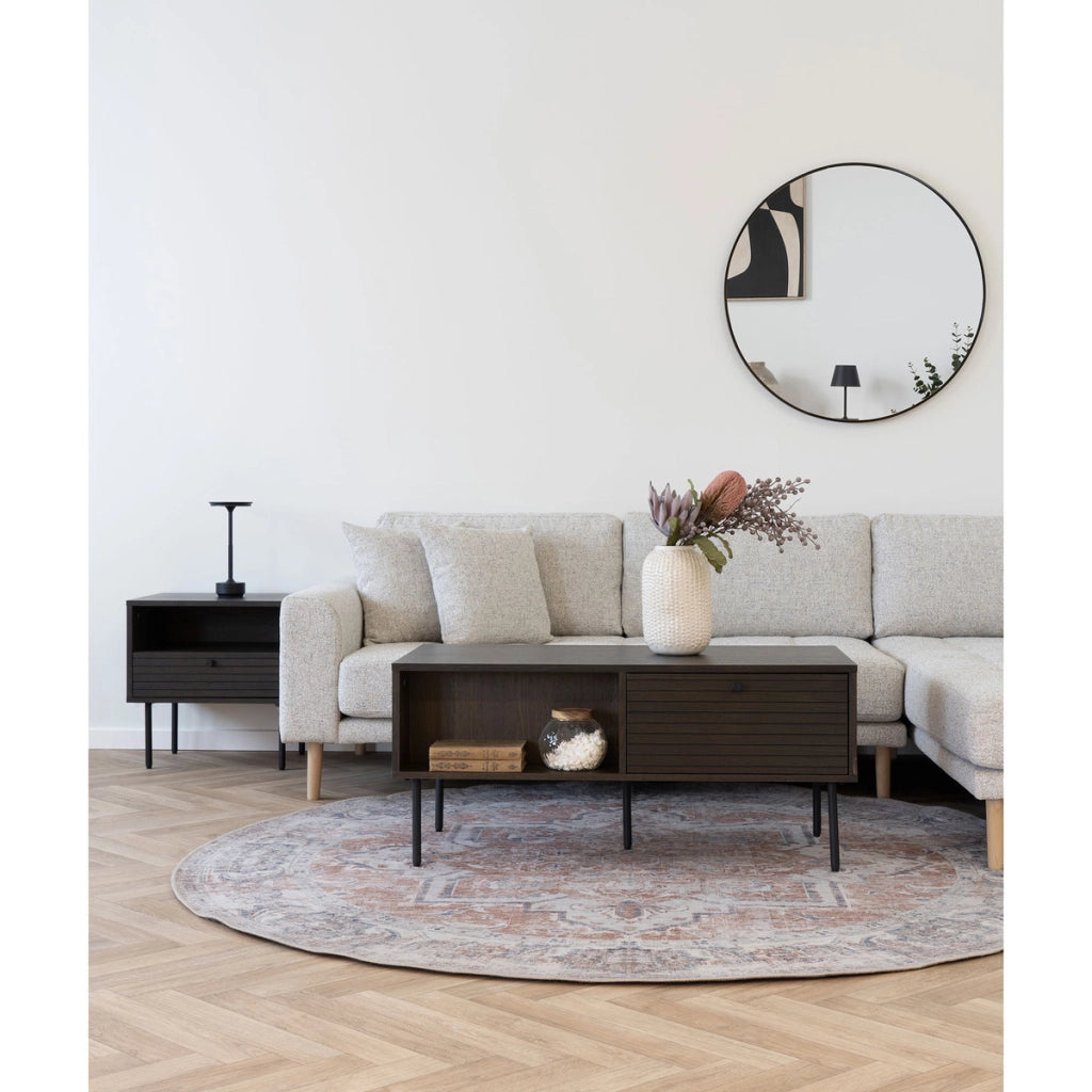 Tavolino da Caffè Kyoto Rovere Fumé con 2 Cassetti e Gambe Nere — 100×50×45 cm