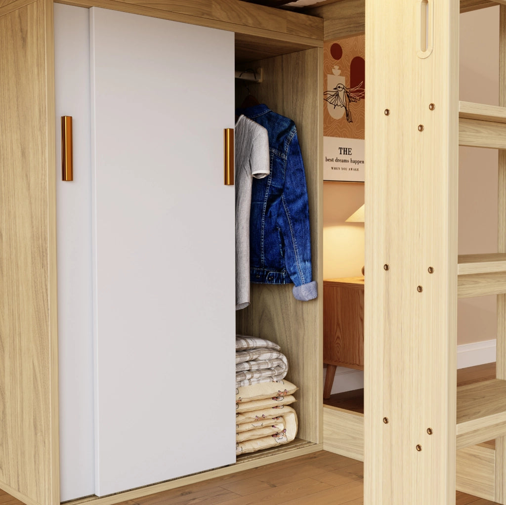 Letto a soppalco multifunzionale 90x200 cm in legno naturale con scrivania; armadio; LED e presa