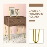 Comodini Moderni Set 2 Pezzi in Truciolato e Acciaio con Cassetto, 39.5x41x49 cm, Marrone