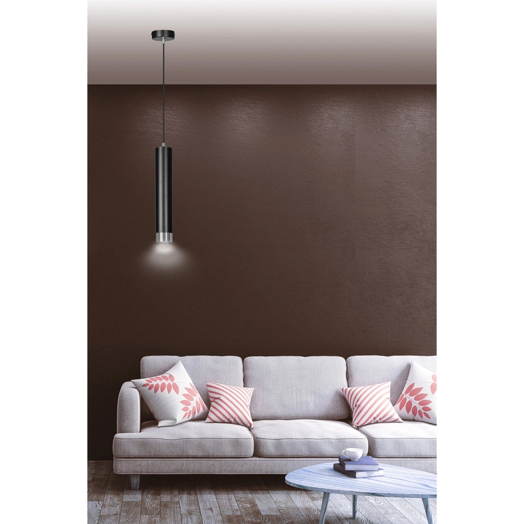 Sospensione 1 Luce Brunilde In Acciaio Nero Con Tubolare In Nero E Cromo