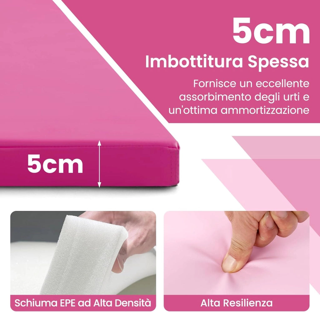 Tappetino per Ginnastica Pieghevole a 4 Pannelli con Maniglie, 300 x 117 x 5 CM, Tappetino in Ecopelle con Chiusure a Strappo per Ginnastica, Yoga, Stretching & Capriole（Rosa)