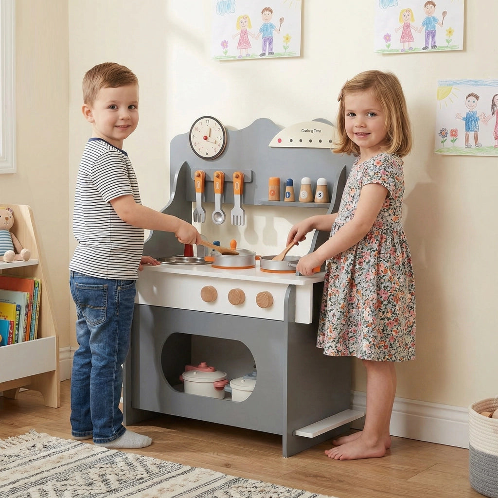 Cucina giocattolo legno bambini finzione orologio fornello porta spezie-Cucina rubinetto lavandino forno accessori completi bambini 3+anni Grigio
