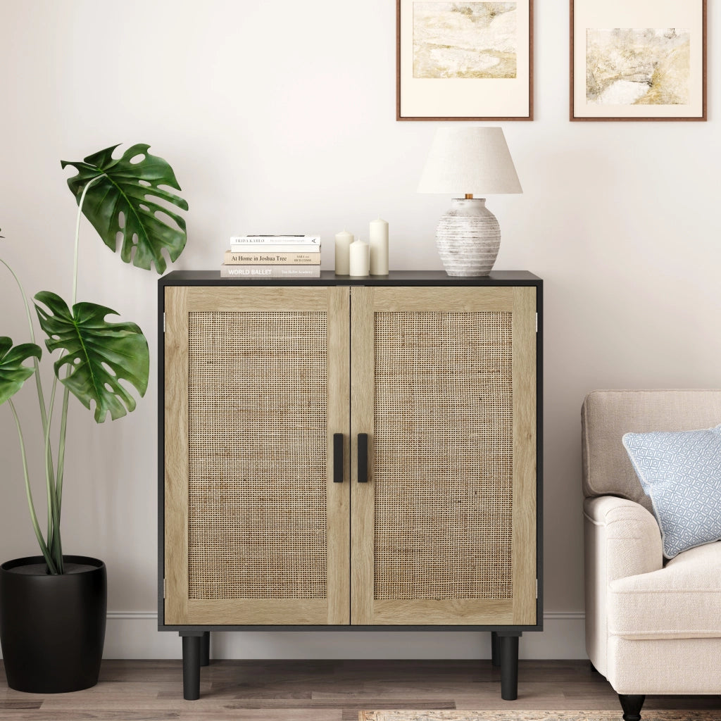 Credenza a 2 ante con chiusura magnetica e 2 vani aperti per soggiorno sala da pranzo e ingresso nero 80 × 40 × 88 cm