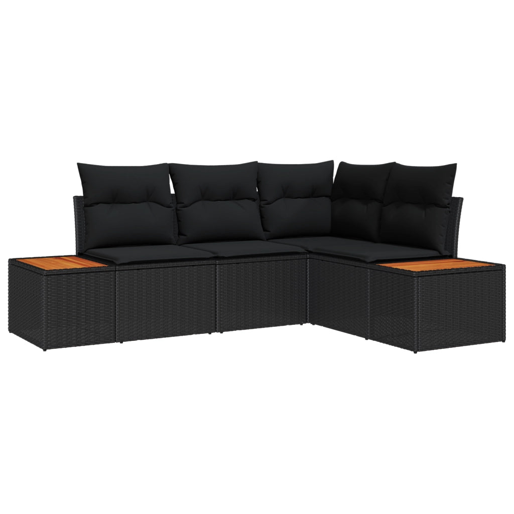Set di Divani da Giardino a 4 Pezzi con Cuscini Nero Polyrattan Acacia