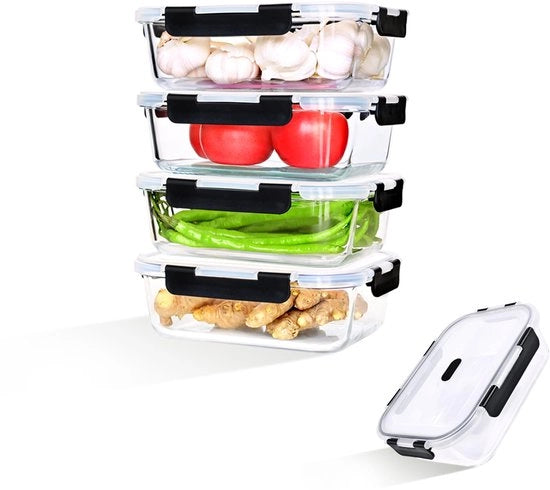 Set di servizi da campeggio all'aperto – 4 x 1520 ml Scatole da picnic soffiate e accumulate in nero (BPA-free) | Contenitori di cibo in vetro con coperchi e adatti per frigoriferi esterni | Forma quadrata + chiusura a gas 4D impermeabile