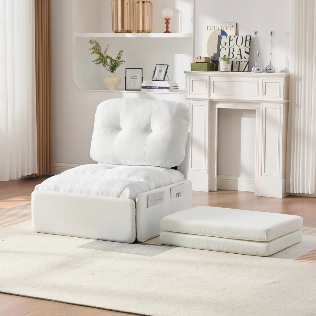 Poltrona letto 2 in 1 estraibile con tasche laterali design senza braccioli per piccoli spazi in lino bianco