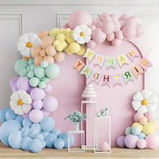 Decorazione di compleanno - Ragazze - 107 pezzi - Compleanno bambino - Arcobaleno - Ballooni pastello - Ballooni con foglia di margherita - Banderina di compleanno - Festa di benvenuto per il bambino - Slinga per palloncini - Decorazione di compleanno