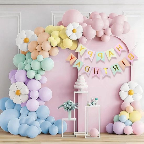 Decorazione di compleanno - Ragazze - 107 pezzi - Compleanno bambino - Arcobaleno - Ballooni pastello - Ballooni con foglia di margherita - Banderina di compleanno - Festa di benvenuto per il bambino - Slinga per palloncini - Decorazione di compleanno