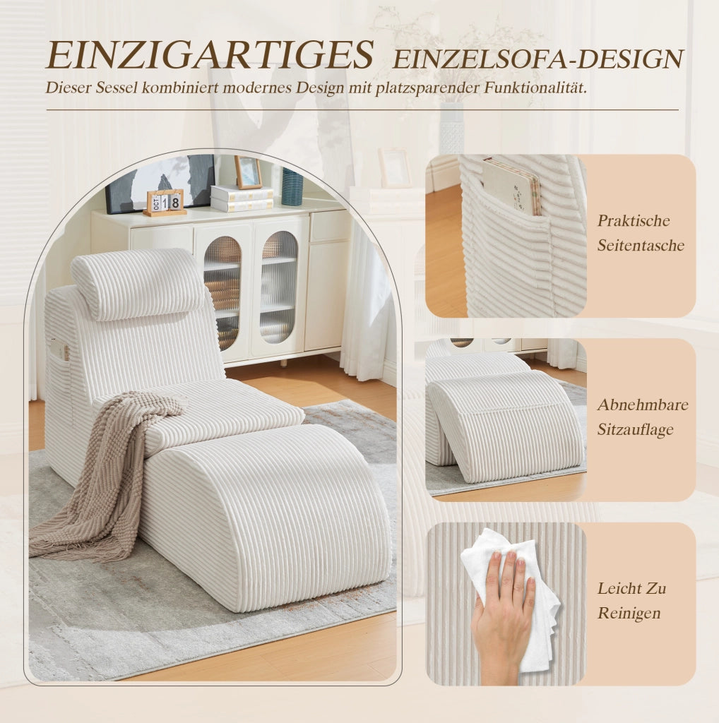 Poltrona singola moderna in velluto a coste beige 160x66x90 cm con cuscino removibile