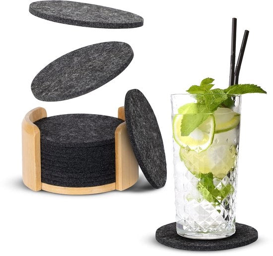 Set di supporti per bicchieri in velluto in design di bambù pratico, contenente 10 pezzi, con supporto in velluto per bicchieri in grigio scuro per bicchieri da tavola.