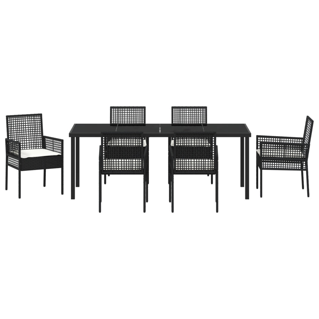 Set Pranzo Giardino 7 Pezzi con Cuscini Nero Polyrattan