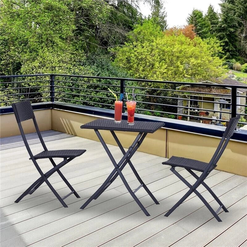 SET CON TAVOLINO E 2 SEDIE DA GIARDINO PIEGHEVOLI IN RATTAN COLORE NERO