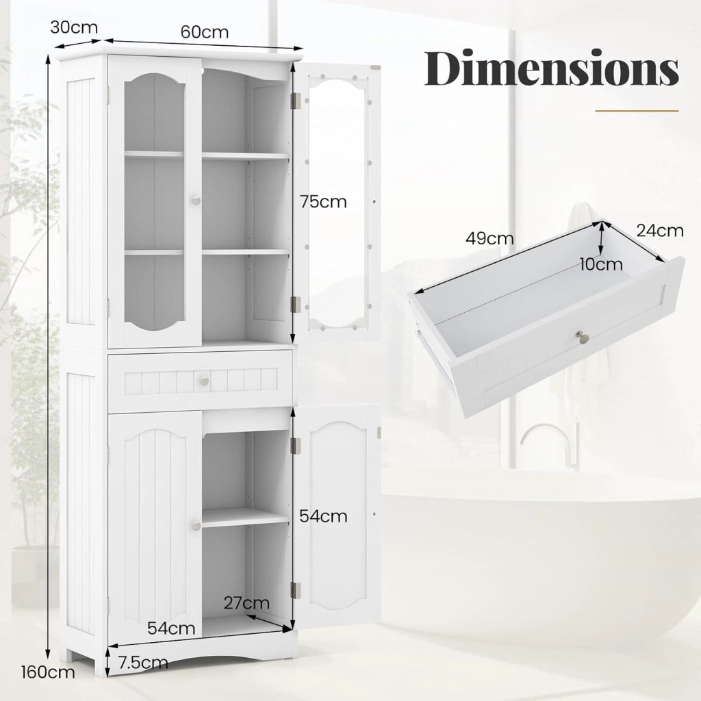 Mobile da Bagno a Terra, Armadietto da Bagno Alto, Mobiletto da Bagno Moderno, con 4 Ante in Vetro e 1 Cassetto, Ripiani Regolabili in Altezza, Ampio Spazio di Stoccaggio per Casa (Bianco)