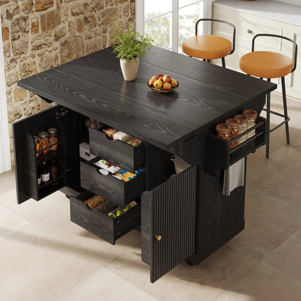 Carrello da cucina con 3 cassetti e ripiani regolabili; 2 allunghe pieghevoli; per cucina e sala da pranzo; in MDF e metallo; nero