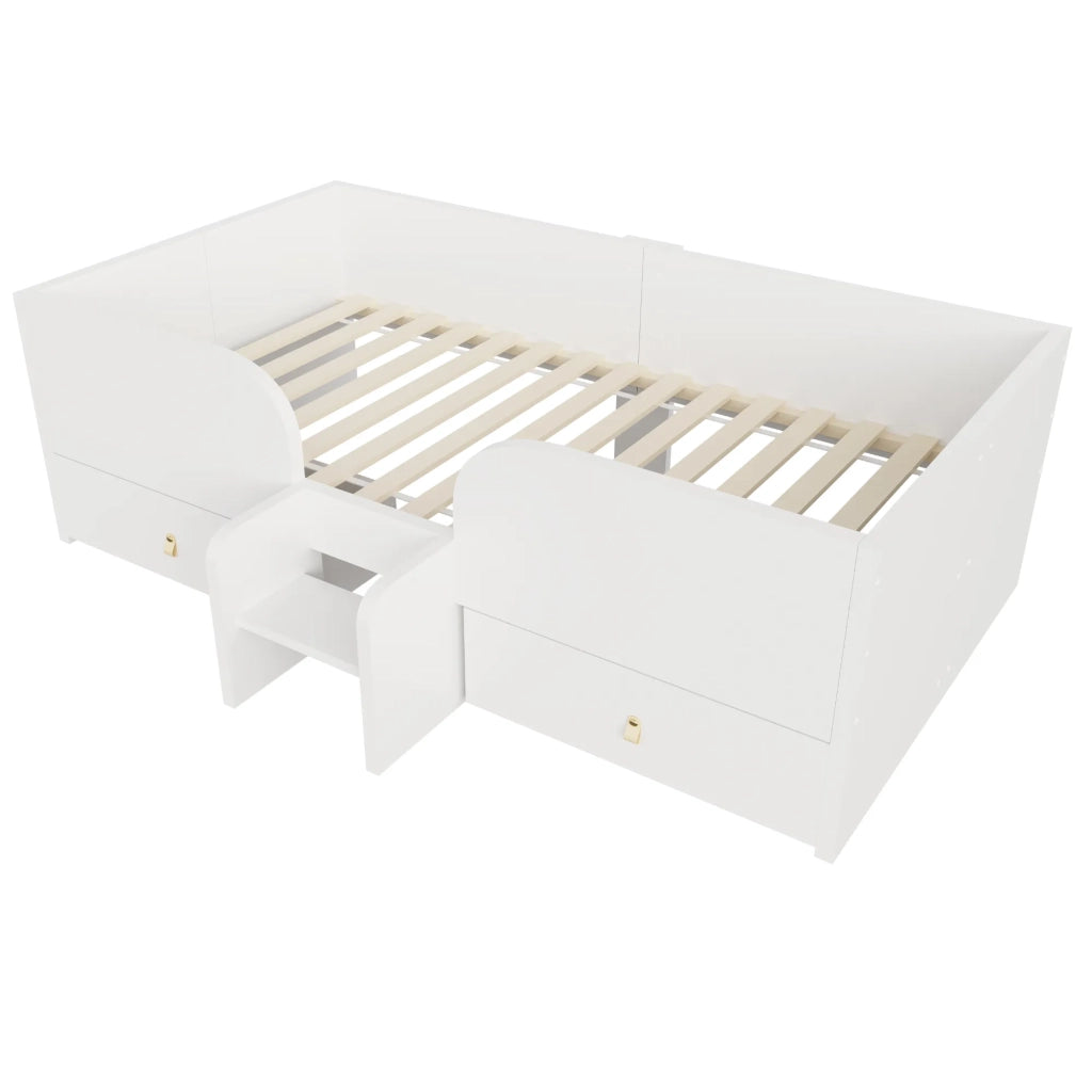 Letto singolo in legno bianco 90x200 cm con 2 grandi cassetti e piccola scala di sicurezza