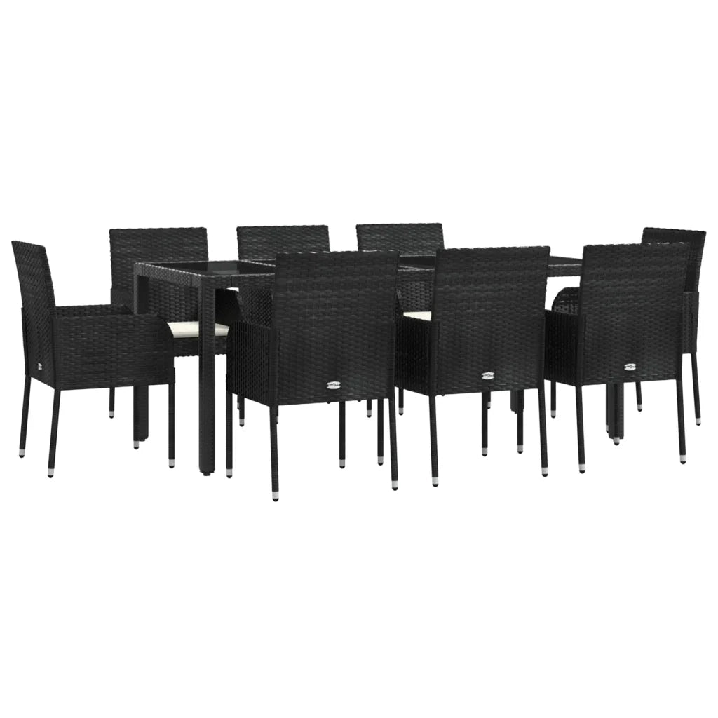 Set da Pranzo da Giardino 9 pz con Cuscini Nero in Polyrattan 3185004