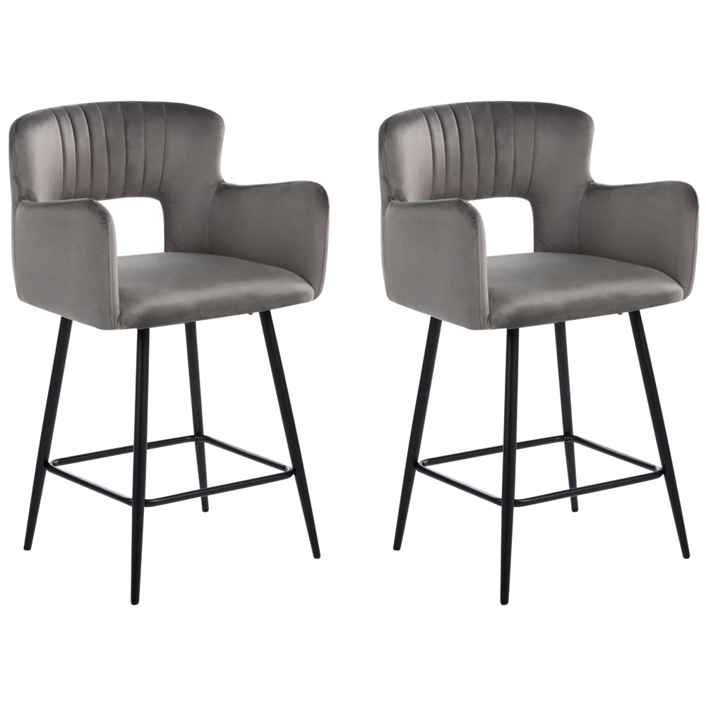 Set di 2 sgabelli da bar velluto grigio braccioli schienale intagliato gambe in metallo moderna industriale