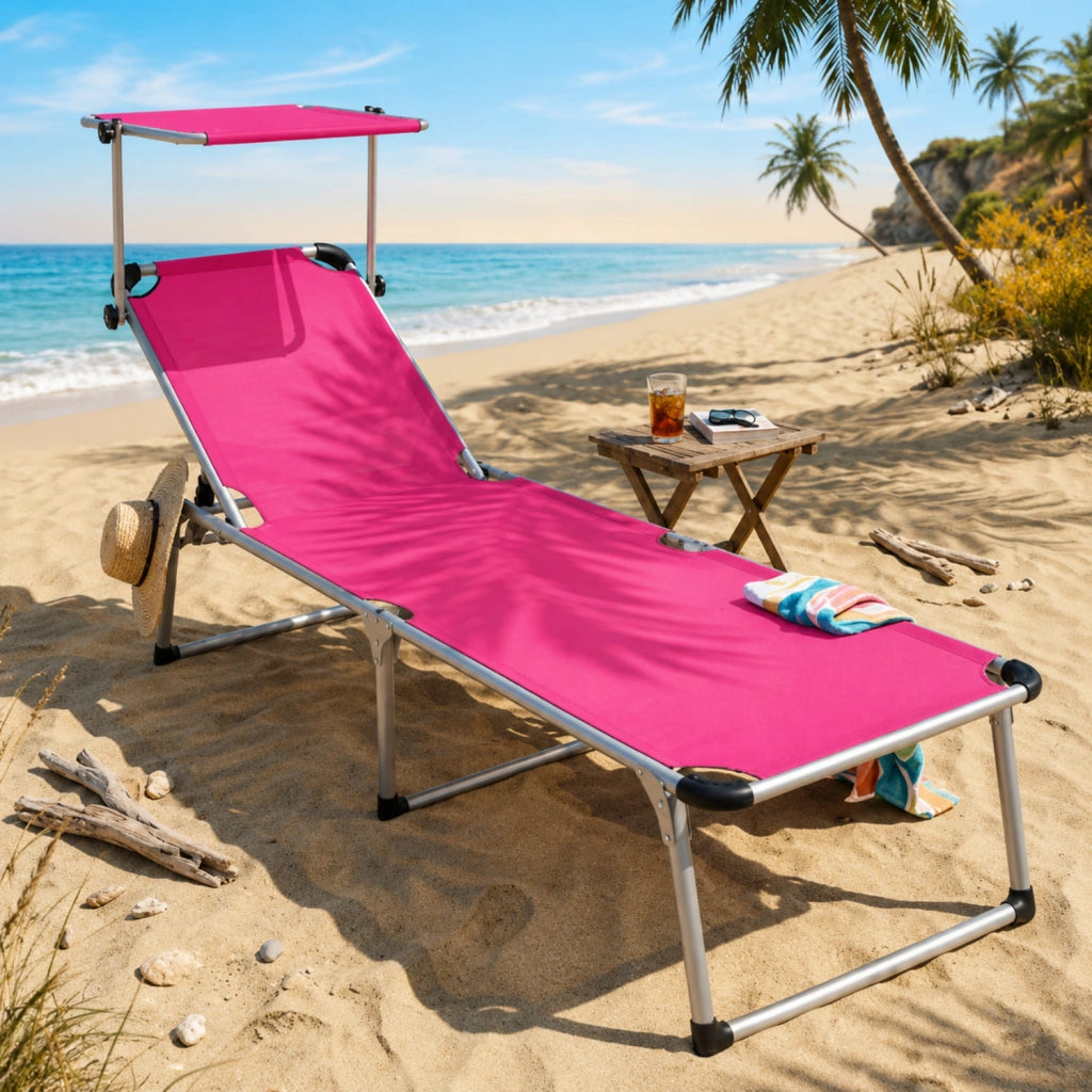 Lettino Pieghevole Prendisole Con Tettuccio Parasole Schienale Reclinabile Regolabile In 6 Posizioni Struttura In Alluminio Leggera Sedia Sdraio Per Spiaggia Mare Giardino Piscina 187 X 59 X 29 Cm Rosa