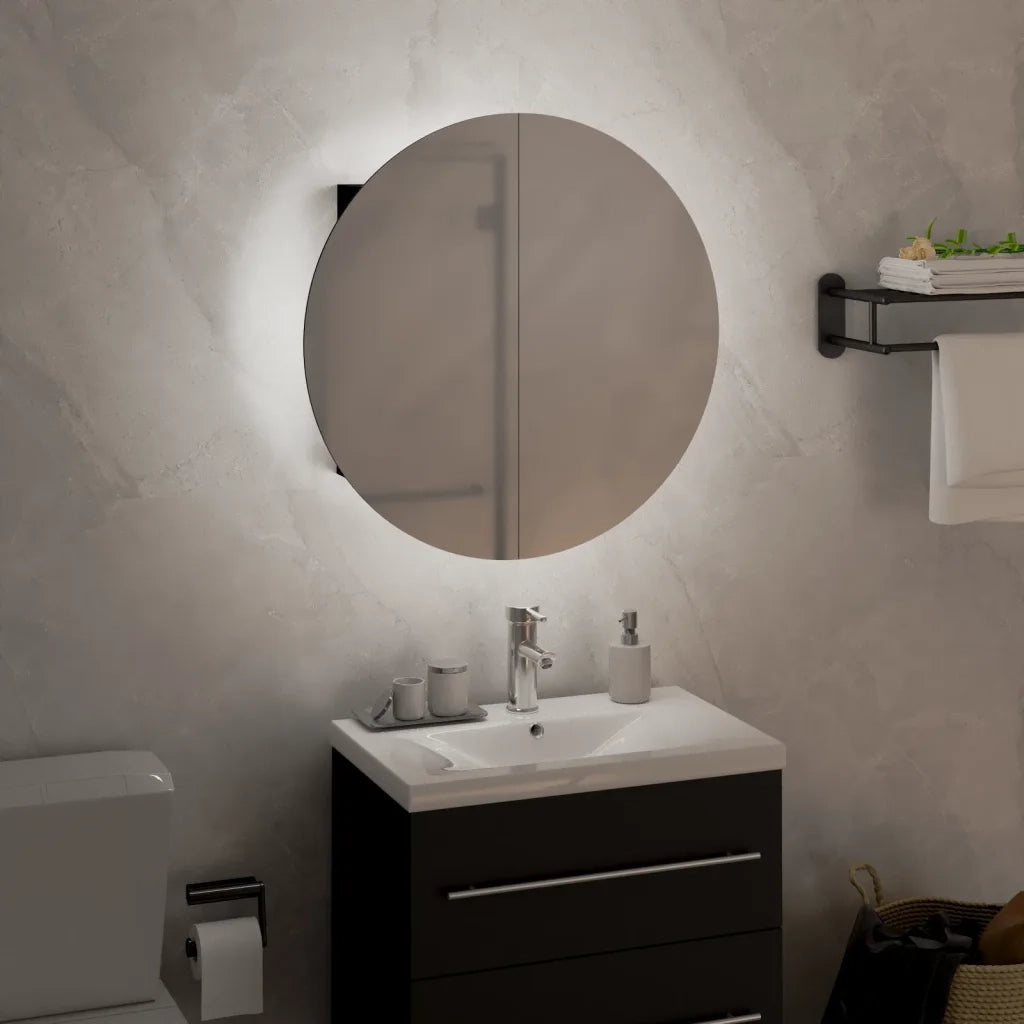 Armadio da Bagno con Specchio Rotondo e LED Nero 40x40x17,5cm 345580