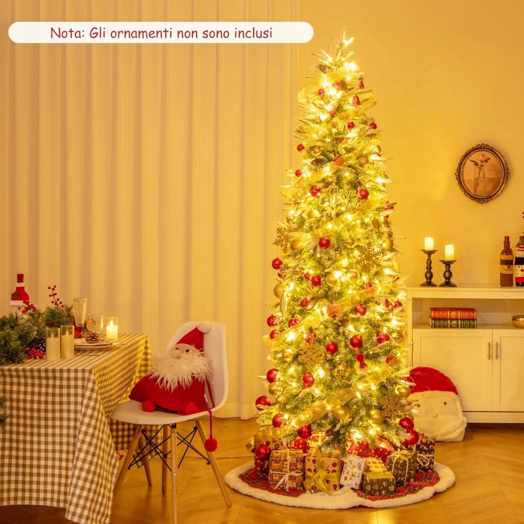 Albero di Natale Slim Pre-Luminoso 225 CM, Albero di Natale Artificiale Innevato con 350 Luci LED Bianche Calde, Rami Articolati e 913 Punte e 75 Pigne (225 CM)