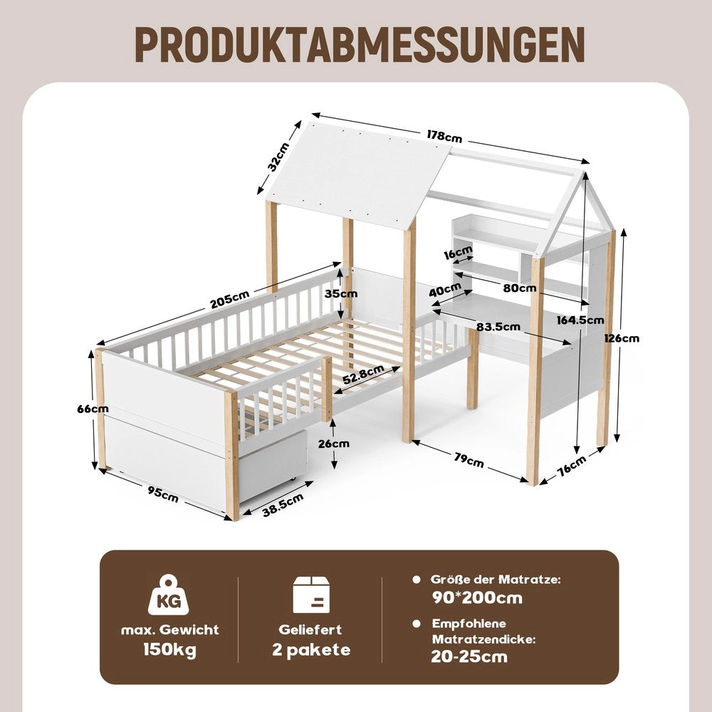 Letto Casetta Bambini con Scrivania e Libreria ¨C MINIMAL ¨C Massello Bianco 90x200