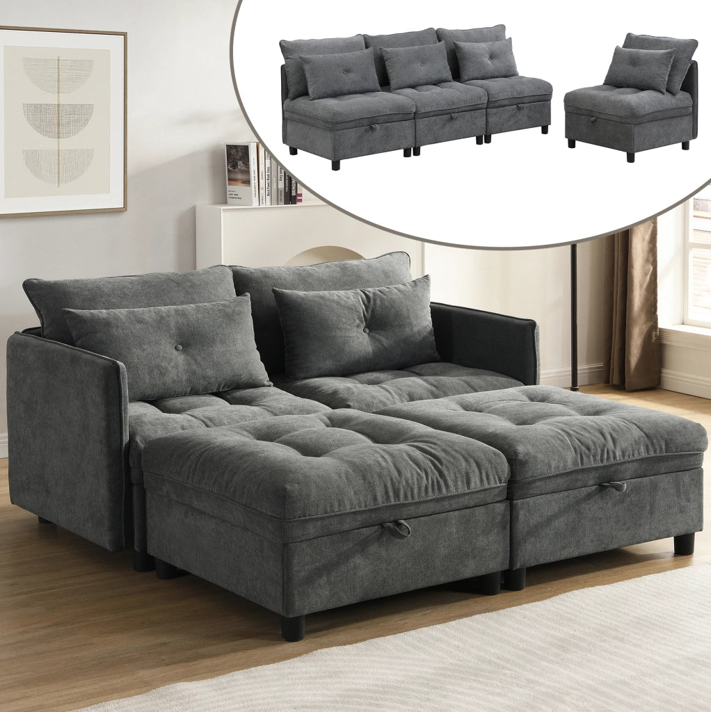 Divano modulare 4 posti con contenitore e funzione letto in ciniglia grigio antico
