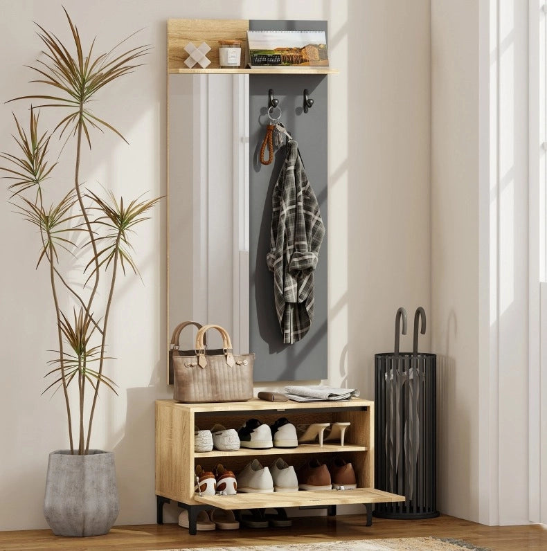 Set guardaroba da ingresso con panca portascarpe e specchio