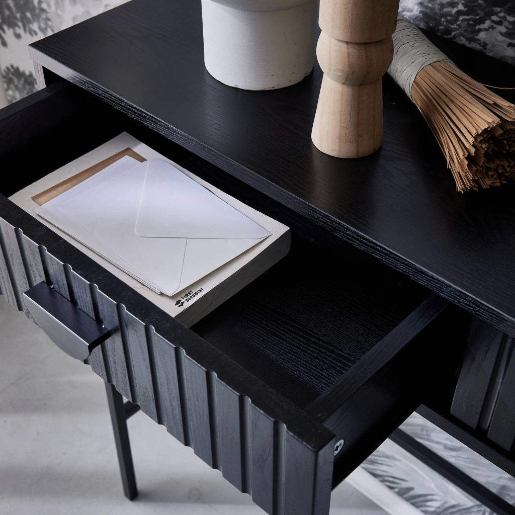 Consolle con effetto legno scanalato nero a 2 cassetti, 100cm, nero