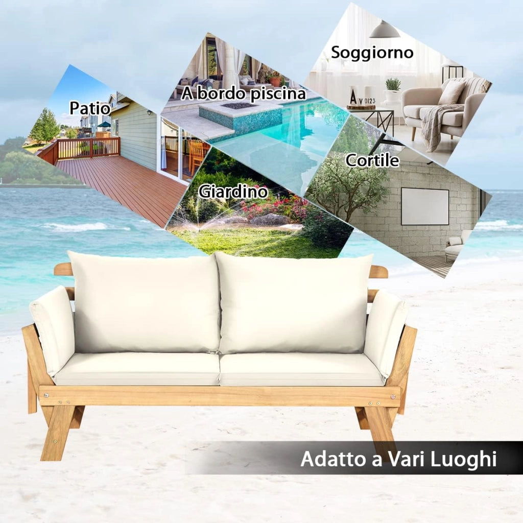 Divano Esterno a 2 Posti, in Legno di Acacia, Lettino Giardino con Braccioli Regolabili, Sdraio da Giardino con Cuscini, Chaise Longue per Giardino, Piscina, Cortile (Bianco)