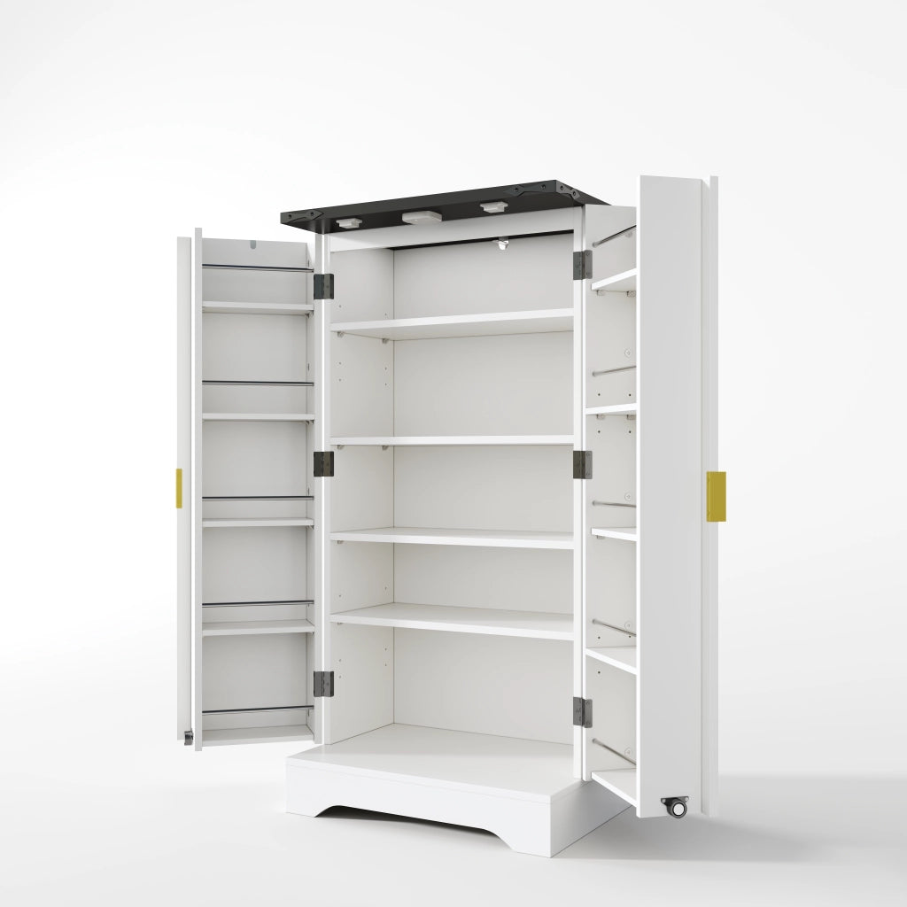 Dispensa alta con LED, 2 ante, ripiani regolabili e vani su porta, per cucina e soggiorno, bianco, 120 × 60,5 × 40 cm