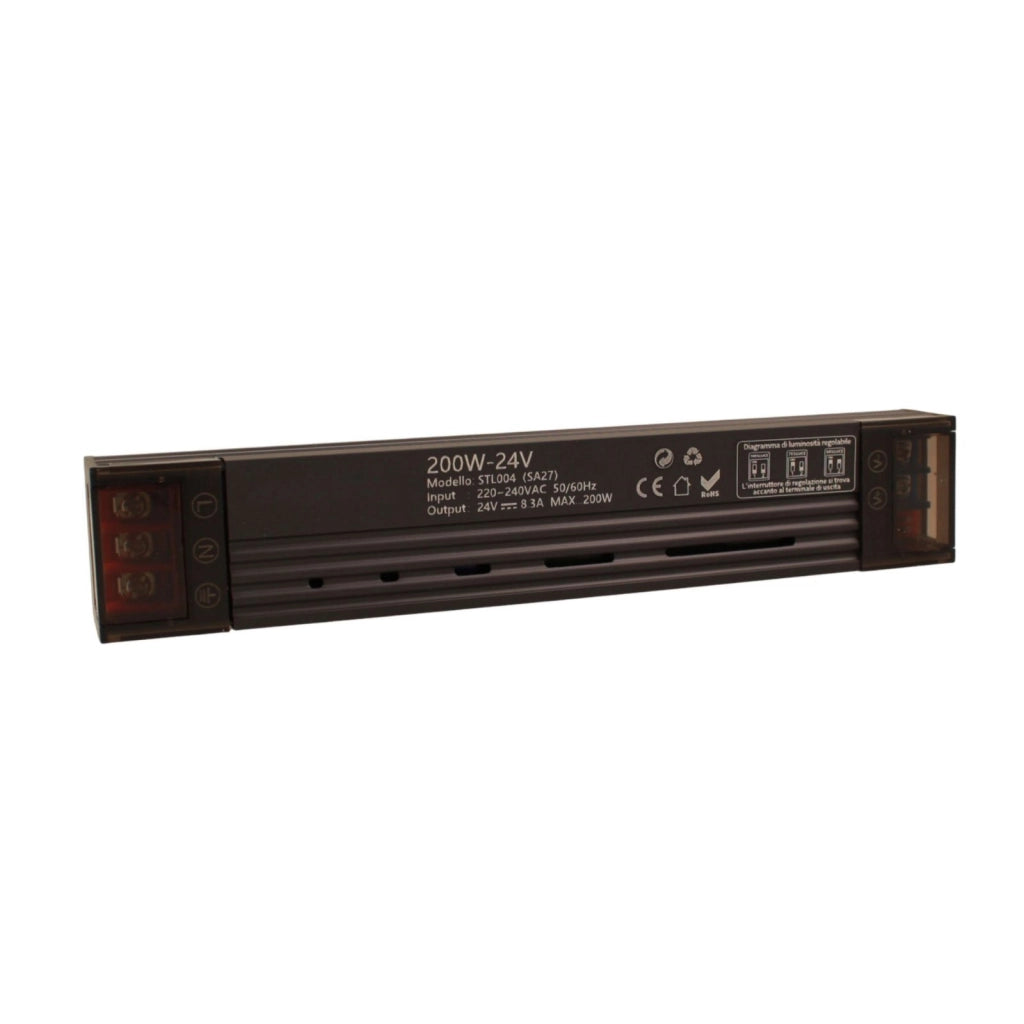 Trasformatore Alimentatore LED Slim Sottile 200W DC 24V AC 220-240V IP20 Dimmerabile a DIP con Coperchio Protezione su Morsetti 197x35x25mm