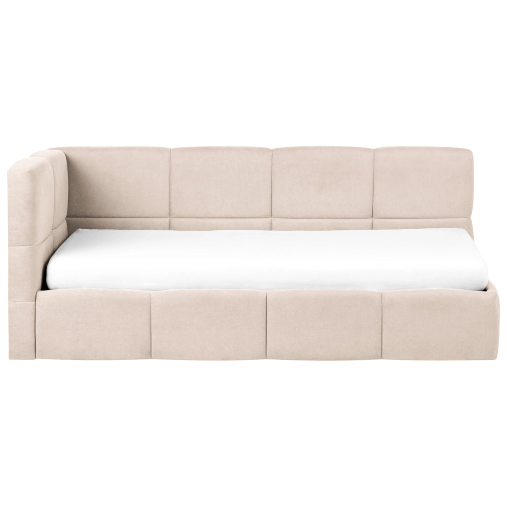 Divano letto imbottita in tessuto beige chiaro lato sinistro 90x200 cm con pouf contenitore a forma di L
