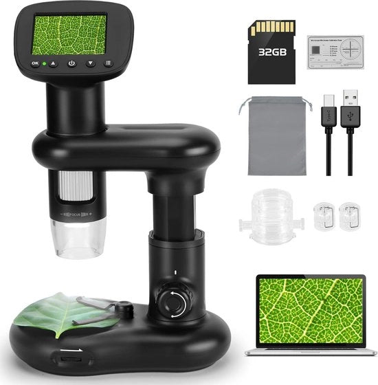 Microscopio Digitale Portatile 1000x Con 2 - Schermo LCD - 8 LED - 32GB Carta di Memoria - Microscopio Portatile per Bambini con Orecchio per Oggetti e Connettore USB