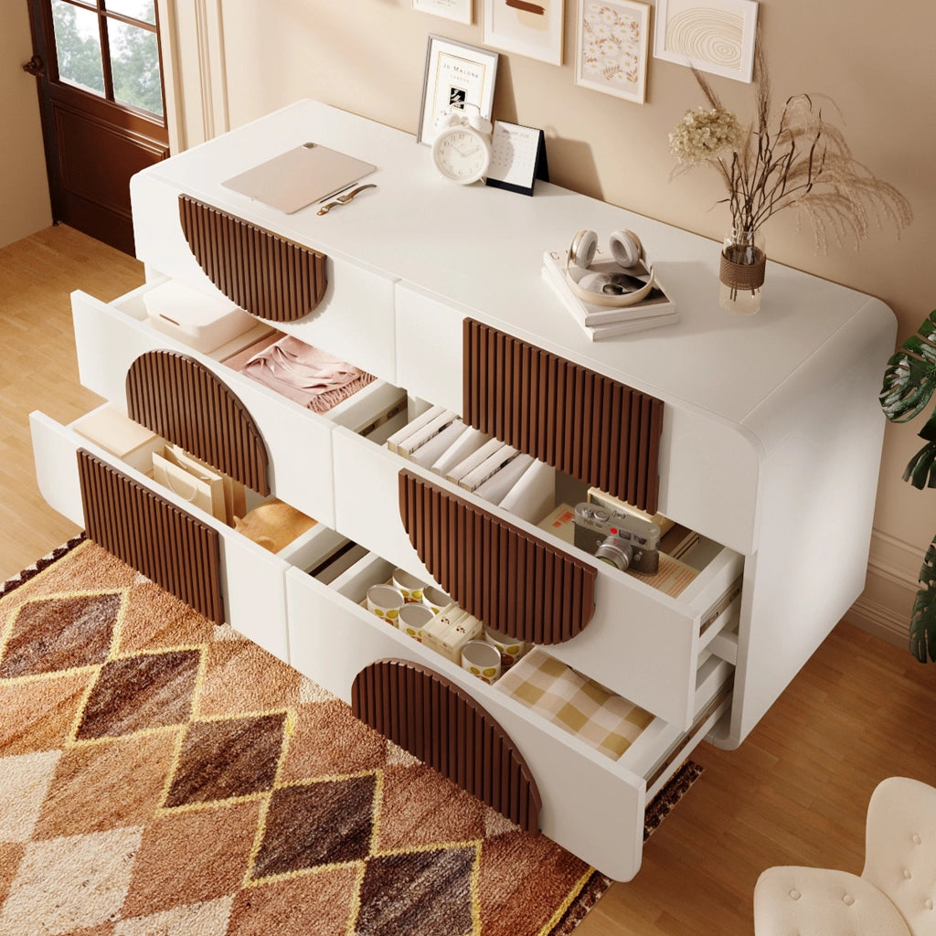 OKWISH Comò con 6 Cassetti e Bordi Curvi, Guide Scorrevoli Silenziose e Dispositivo Antiribaltamento, 121 x 41 x 71 cm