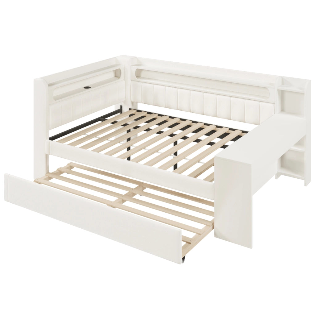 Letto imbottito 140x200 cm con letto estraibile; scrivania e LED in MDF; compensato; bianco