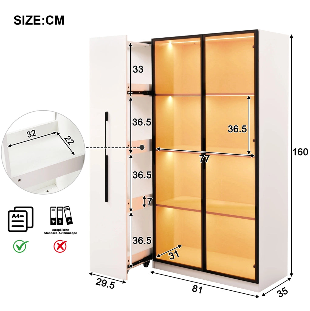 Vetrina LED in MDF con vano laterale, 110,5 × 35 × 160 cm