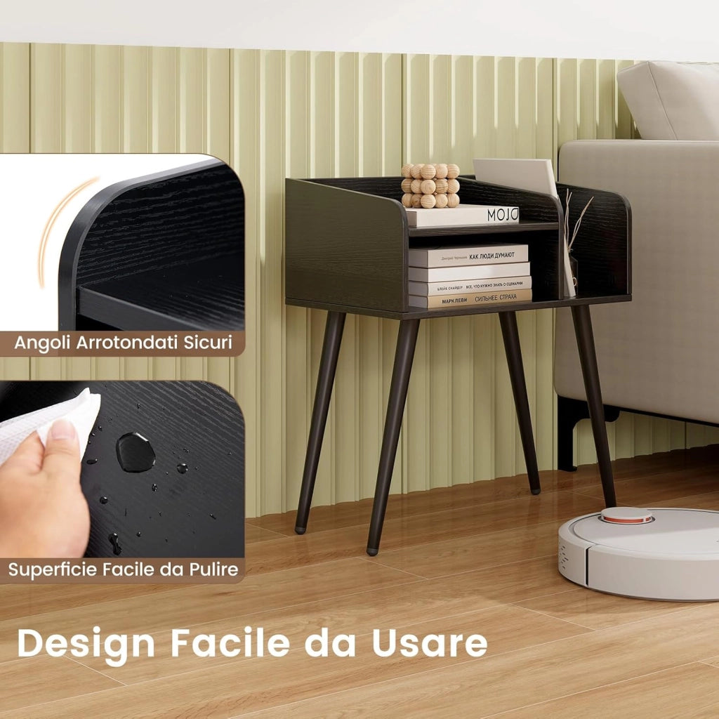 Comodino 50 x 32 x 58cm, Tavolino Moderno con Mensole Aperte, Gambe in Metallo e Poggiapiedi Regolabili, Comò Ideale per Soggiorno e Camera da Letto (Nero,1)